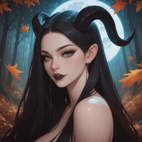 (Autumn forest background), A beautifully illuminated by the Moon women, with demon horns and demon tail, with very long flowing black hair, pale skin, black lips and large grey eyes, black eye shadow.