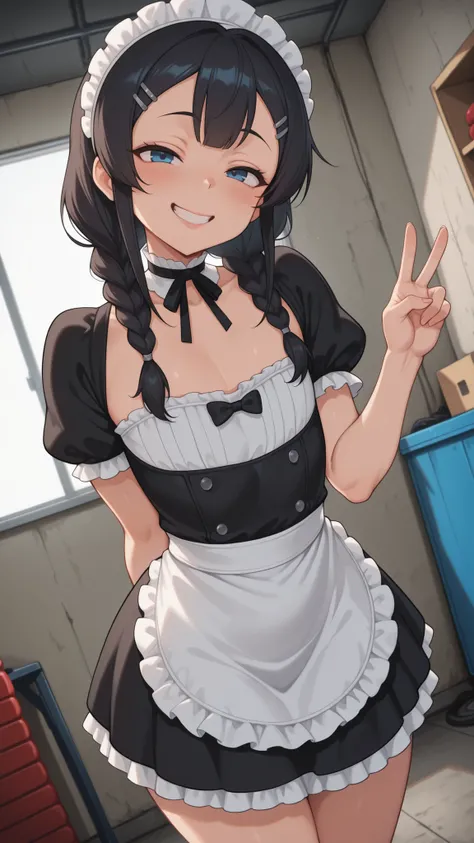 masterpiece , best quality , highly detailed , ultra high res , Score_9, Score_8_up, Score_7_up, perfect anatomy, detailed fingers, detailed eyes, cowboy shot, dutch angle, focus on face, 1 girl, flat chest, big breasts, cleavage, black hair, blue eyes, ha...