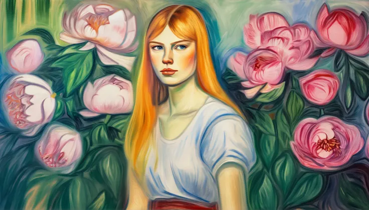 attractive young girl with peonies ((Edvard Munch style)), ((oil painting)), Bright color, ((masterpiece)), Impression, Extreme Detail, perspective, 8k