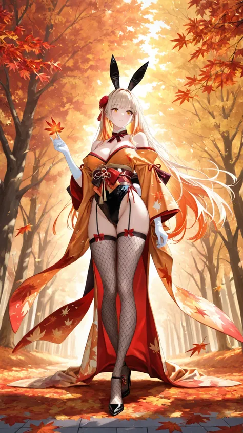 (masterpiece, best quality, ultra-detailed, anime-style illustration, dramatic cinematic shading), A beautiful bunny girl wearing a remodeled kimono made entirely of vivid autumn maple leaves and golden foliage. The kimono transforms into a skimpy bunny su...