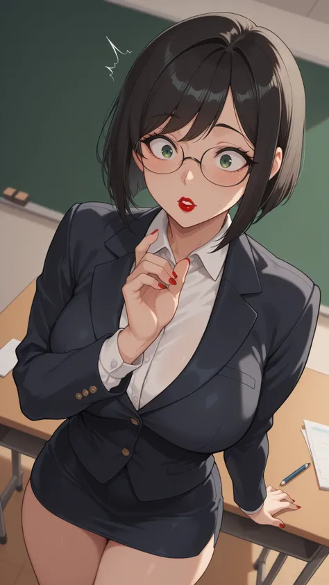 masterpiece , best quality , highly detailed , ultra high res , Score_9, Score_8_up, Score_7_up, perfect anatomy, detailed fingers, detailed eyes, cowboy shot, dutch angle, focus on face, "A Very beautiful Adult Girl" , "glasses, bob hair, black hair" , "c...