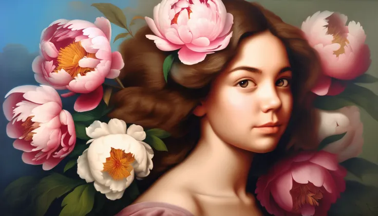 attractive young girl with peonies ((Raphael Santi style)), ((oil painting)), Bright color, ((masterpiece)), Impression, Extreme Detail, perspective, 8k