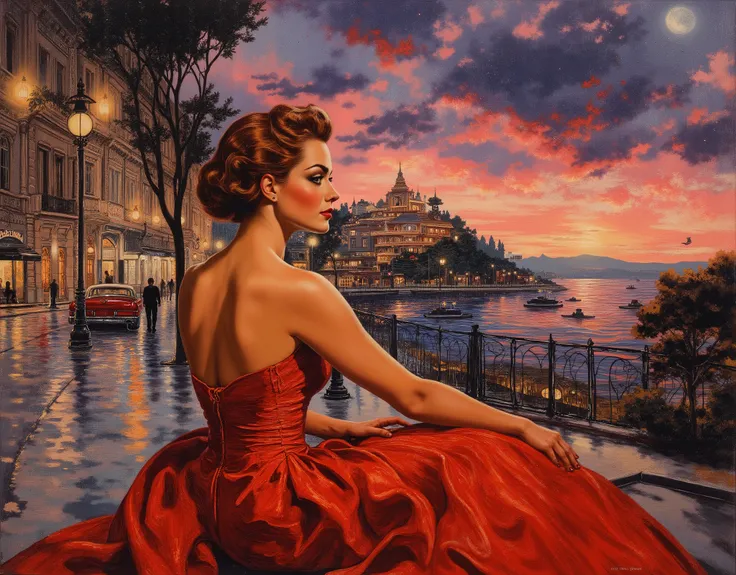 High-quality (8k, masterpiece: 1, 2) acrylic painting in the impressionist style. A stunning young slovenian woman sits on a city street, exuding elegance in her flowing red outfit. The vintage look is enhanced by classic cars and a softly lit backdrop, cr...