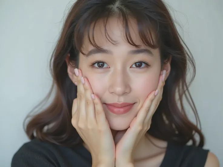 (Refined from an old photo, recreated in a modern, ultra high-quality photorealistic style, with a trendy Reiwa-era hairstyle: soft semi-long hair with natural waves and airy see-through bangs), 
Ultra photorealistic close-up portrait of a beautiful Japane...