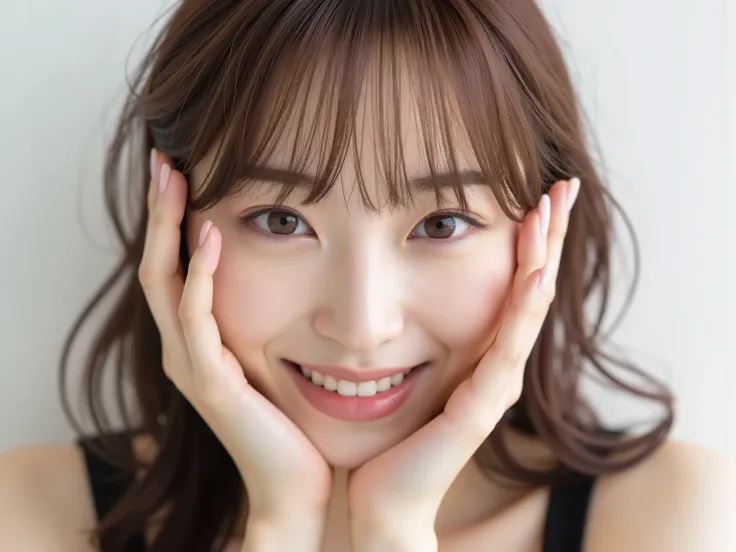 (Refined from an old photo, recreated in a modern, ultra high-quality photorealistic style, with a trendy Reiwa-era hairstyle: soft semi-long hair with natural waves and airy see-through bangs), 
Ultra photorealistic close-up portrait of a beautiful Japane...