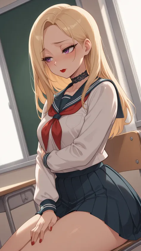 masterpiece , best quality , highly detailed , ultra high res , Score_9, Score_8_up, Score_7_up, perfect anatomy, detailed fingers, detailed eyes, cowboy shot, dutch angle, focus on face, "A Very beautiful Adult Girl" , "blonde hair" , "covered hair eye, s...