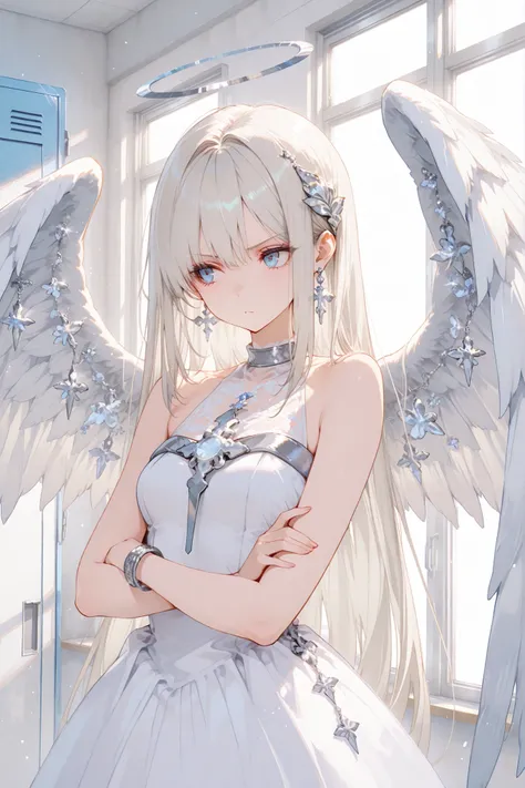 masterpiece, absurdres, high detail, enchanting eyes, detailed eyes, solo, woman, 25 years old, platinum blonde hair, pale hair, blue eyes, long hair, straight hair, slim body, small breasts, angel wings, large wings, white dress, white elegant dress, simp...