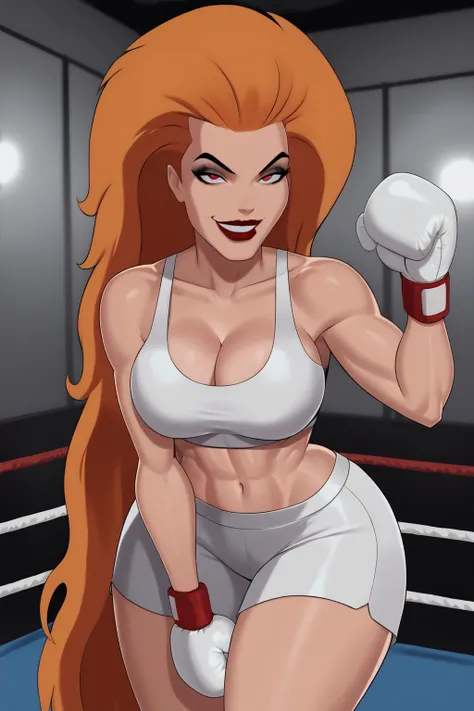 BREAK, score_6_up, score_9, score_8, score_7, 1girl, solo, Volcana, dcaustyle, red lips, lipstick, makeup, very long hair, orange hair, red eyes, black pupils, very large breasts, cleavage, curvy, athletic, looking at viewer, seducing viewer, teasing viewe...