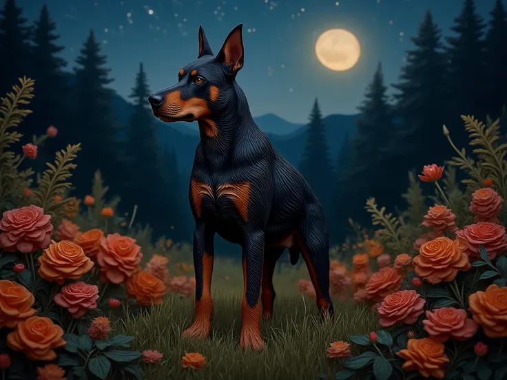 a Doberman dog, realistic, detailed, detailed facial features, standing in a garden, filled with colorful flowers, moonlit night, dramatic lighting, photorealistic, 8K, physically-based rendering,professional,vivid colors,intricate details
