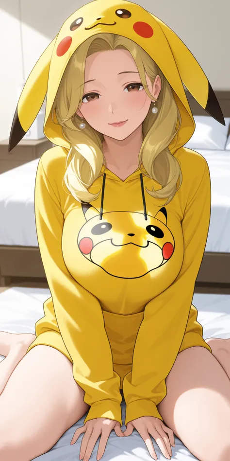 mature female, housewife, blonde hair, pikachucosplay, pikachu \(pikachu\), character print, hood, hoodie, yellow hoodie, milf, soft light, high detailed, best quality, on bed, wariza, w sitting 