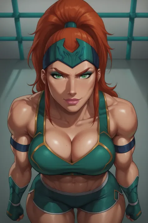 BREAK, score_6_up, score_9, score_8_up, score_7_up, high quality, masterpiece, Mera, 1girl, solo, forehead protector, green eyes, red ginger hair, high ponytail, muscular female, very large breasts, cleavage, curvy, athletic, long hair, hair pulled back, p...
