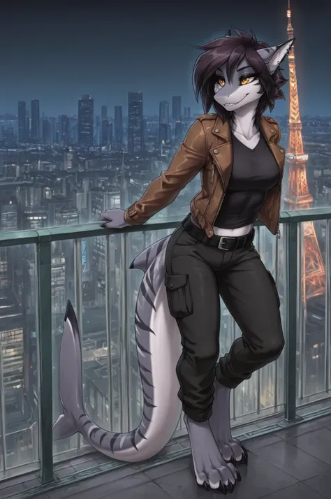 fkstyle,high quality, masterpiece, best quality, female anthro shark, grey skin, dark tiger-like stripes, white underbelly, shoulder-length dark hair, piercing golden eyes, digitigrade legs, webbed toes, athletic build, standing confidently, leaning agains...
