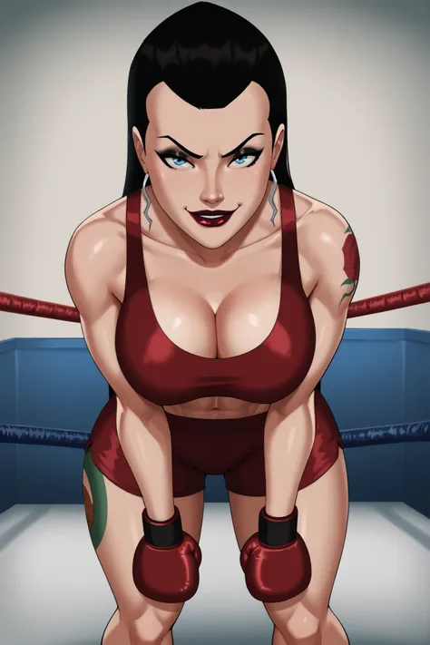 BREAK, score_9, score_8_up, score_7_up, score_6_up, Roulette, 1girl, solo, black hair, blue eyes, long hair, lipstick, makeup, very large breasts, cleavage, curvy, athletic, shoulder tattoo, thigh tattoo, looking at viewer, seducing viewer, teasing viewer,...