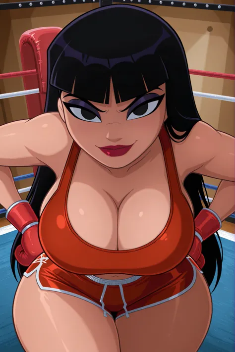 BREAK, score_6_up, score_7_up, score_8_up, score_9, Zatanna, 1girl, solo, jla_style, long hair, black hair, blunt bangs, black eyes, lipstick, makeup, very large breasts, busty, cleavage, curvy, athletic, looking at viewer, seducing viewer, teasing viewer,...