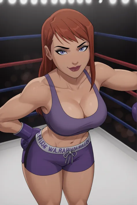 BREAK, score_6_up, score_9_up, score_8_up, score_7_up, 1girl, solo, barbara gordon, ginger hair, long hair, blue eyes, lipstick, makeup, very large breasts, cleavage, curvy, athletic, busty, purple sports bra, purple boxing shorts, purple boxing gloves, lo...