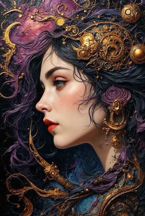 extremely aesthetic, mythological style, A mix of Art Nouveau and Impressionism, Impasto style, oil-painting, illustration, fantastic, anatomically correct, Off-center composition,
An icon of Pandora's profile as she opens the box, releasing its surreal ...