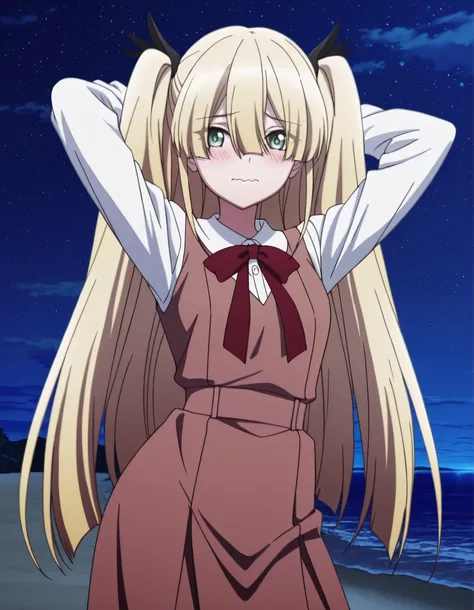 erna, long hair, bangs, blonde hair, hair between eyes, twintails, very long hair, green eyes, hair ribbon, blunt bangs, two side up, anime screencap, shirt, long sleeves, dress, bow, white shirt, collared shirt, red bow, neck ribbon, brown dress, high qua...