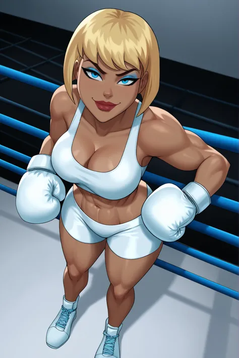 BREAK, score_6_up, score_7_up, score_8_up, score_9, g4l4t3a, 1girl, solo, short hair, bangs, blue eyes, blonde hair, lipstick, makeup, dark skin, dark-skinned female, very large breasts, busty, cleavage, curvy, athletic, muscular female, looking at viewer,...