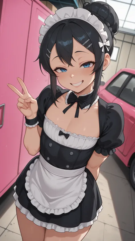 masterpiece , best quality , highly detailed , ultra high res , Score_9, Score_8_up, Score_7_up, perfect anatomy, detailed fingers, detailed eyes, cowboy shot, dutch angle, focus on face, 1 girl, flat chest, big breasts, cleavage, black hair, blue eyes, ha...