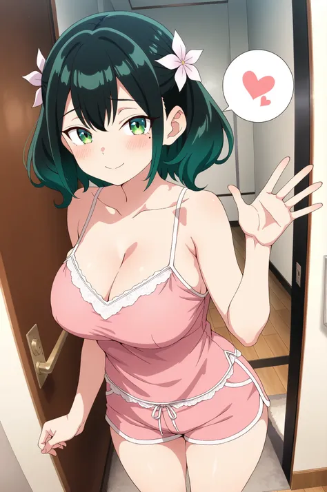 nsfw,Rura Ruriha,Solo,teen,waving,Smile,spoken heart,shy,big breasts,green hair,black hair, hair flower,hair ornament,flower,mole,mole under eye,(pink camisole),pink shorts,entrance,gallery,masterpiece, best quality,amazing quality