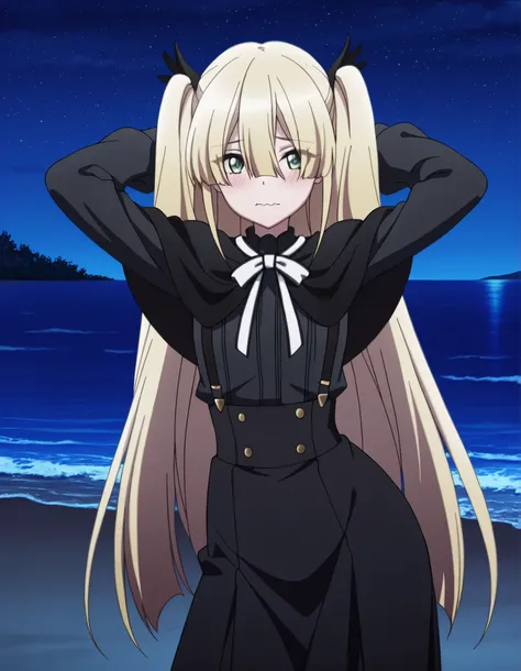 erna, long hair, bangs, blonde hair, hair between eyes, twintails, very long hair, green eyes, hair ribbon, blunt bangs, two side up, anime screencap, long sleeves, dress, ribbon, black dress, neck ribbon, suspenders, white ribbon, black capelet, frills, h...