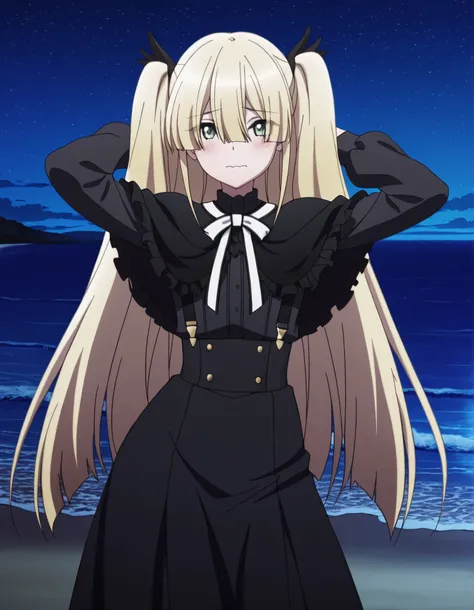 erna, long hair, bangs, blonde hair, hair between eyes, twintails, very long hair, green eyes, hair ribbon, blunt bangs, two side up, anime screencap, long sleeves, dress, ribbon, black dress, neck ribbon, suspenders, white ribbon, black capelet, frills, h...