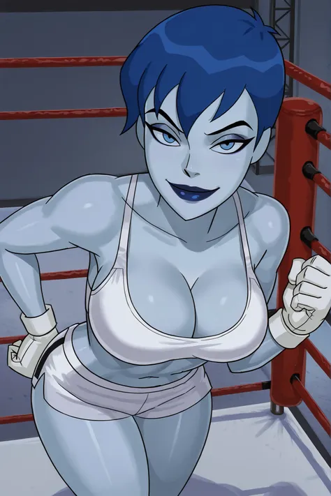 BREAK, score_6_up, score_7_up, score_8_up, score_9, su_frost, 1girl, solo, blue eyes, blue hair, blue lips, blue skin, colored skin, lipstick, makeup, short hair, masterpiece, best quality, very large breasts, busty, cleavage, curvy, athletic, looking at v...