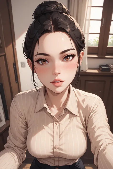 perfect face, bun top knot hair, black hair, black thin eyebrows, brown eyes, black eyeliners, blush, lips, parted lips, beautiful woman, (beige striped fitted shirt), medium breasts, (looking at viewer), (pov)