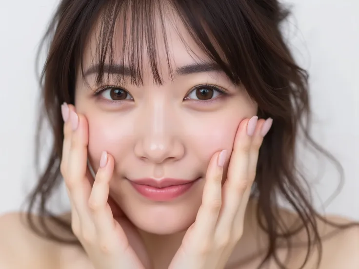 (Refined from an old photo, recreated in a modern, ultra high-quality photorealistic style, with a trendy Reiwa-era hairstyle: soft semi-long hair with natural waves and airy see-through bangs), 
Ultra photorealistic close-up portrait of a beautiful Japane...