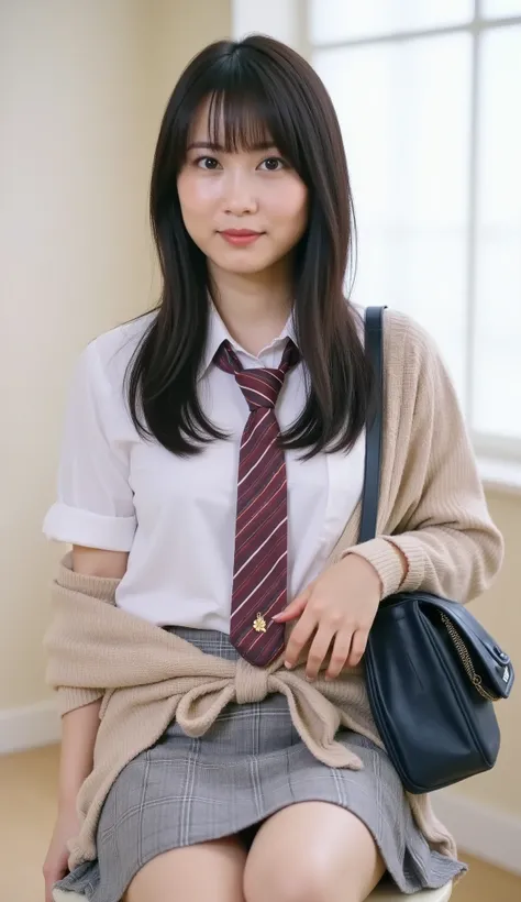 live-action、shot with a Canon EOS R5, 50mm lens, f/2.8 apertur、(masterpiece,best quality:1.4)、Highest Quality、ultra high res、8K、bright room、chair in the building on the edge、front view、Full body photo、Smile Yan、black haired 、straight semi-long、shiny hair、h...