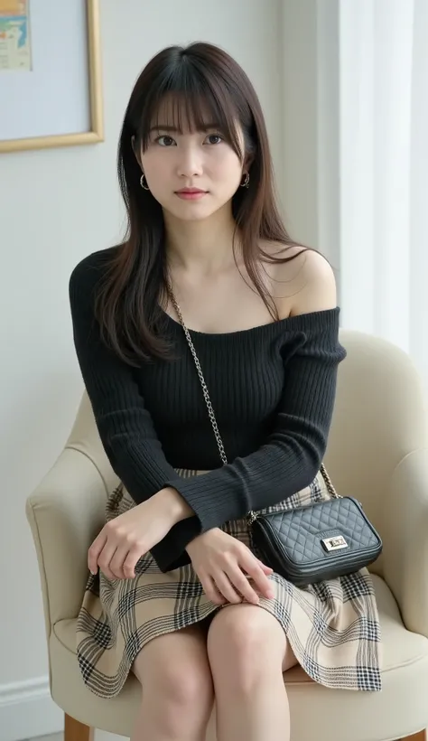 live-action、shot with a Canon EOS R5, 50mm lens, f/2.8 apertur、(masterpiece,best quality:1.4)、Highest Quality、ultra high res、8K、bright room、chair in the building on the edge、front view、Full body photo、Smile Yan、black haired 、straight semi-long、shiny hair、h...