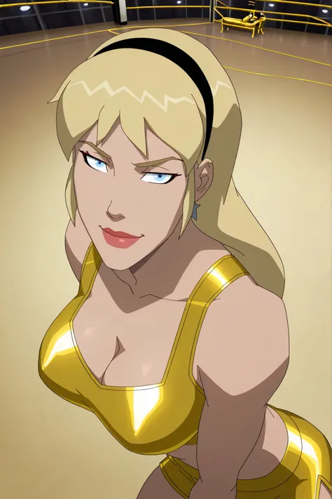 BREAK, score_6_up, score_7_up, score_8_up, score_9, 1girl, solo, long hair, blonde hair, blue eyes, lipstick, makeup, black hairband, g1rlsl, very large breasts, busty, cleavage, curvy, athletic, looking at viewer, seducing viewer, teasing viewer, seductiv...