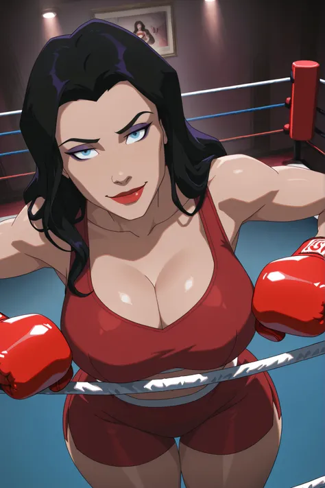 BREAK, score_6_up, score_7_up, score_8_up, score_9, zatannaYoungJustice, 1girl, solo, black hair, lipstick, blue eyes, makeup, red lips, long hair, very large breasts, busty, cleavage, curvy, athletic, looking at viewer, seducing viewer, teasing viewer, se...