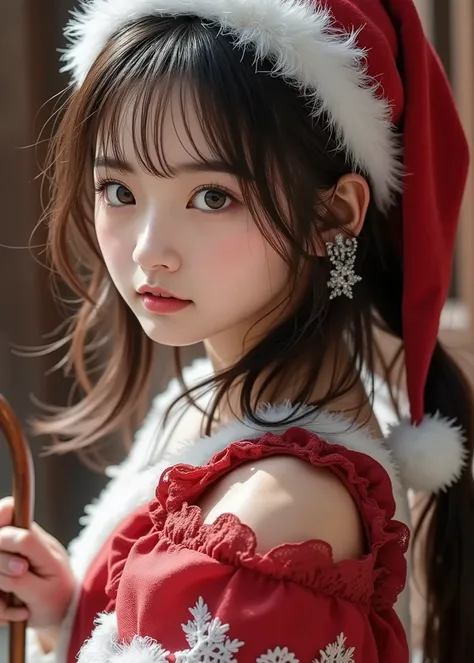 nsfw,
1girl、cute girl、I dressed up as Santa Claus、with a beautiful shiny decoration , Wear a mask 、holding a wooden cane with a curved handle that looks like Santa Claus、 details、delicate、