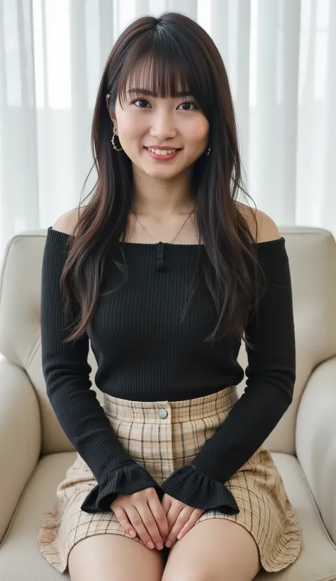 live-action、shot with a Canon EOS R5, 50mm lens, f/2.8 apertur、(masterpiece,best quality:1.4)、Highest Quality、ultra high res、8K、bright room、chair in the building on the edge、front view、Full body photo、Smile Yan、black haired 、straight semi-long、shiny hair、h...