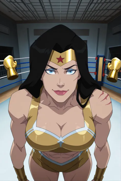 BREAK, score_6_up, score_7_up, score_8_up, score_9, 1girl, solo, long hair, blue eyes, black hair, bare shoulders, blue eyes, muscular female, midriff, bare shoulders, lipstick, makeup, wwBl00d, very large breasts, busty, cleavage, curvy, athletic, looking...