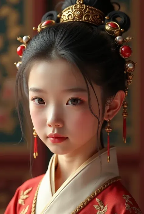 14-year-old beautiful Chinese girl, Tang Dynasty palace, intricate hairstyle, innocent but ambitious eyes, photorealistic.