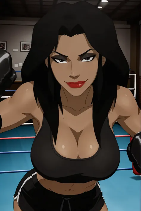 BREAK, score_6_up, score_7_up, score_8_up, score_9, 1girl, solo, long hair, black hair, black eyes, lipstick, makeup, dark skin, dark-skinned female, ch3x4s3f1r3, very large breasts, busty, cleavage, curvy, athletic, looking at viewer, seducing viewer, tea...