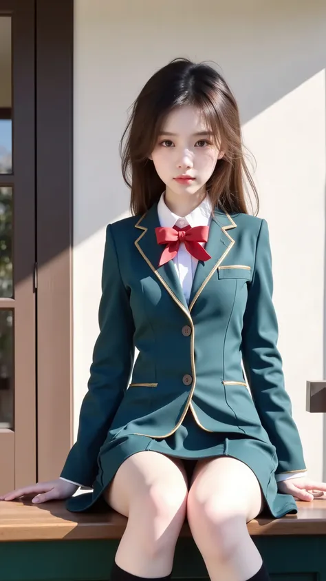 Girl Seated by the Edge with Her Legs Crossed, beautiful high school girl, moe art style, Best Girl, Cute Girlのビジュアル, Attractive girl , ((Also, Absolute domain, cute underwear, Beautiful legs)), Cute Girl, smooth skin, Seductive Girl, JK uniform, Young Gir...