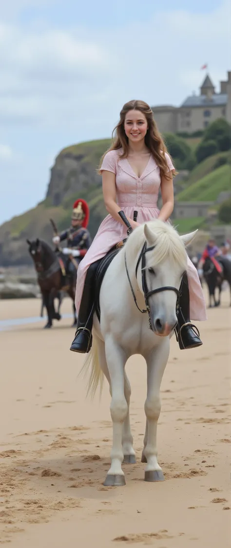 high-definition images、赤いドレスでPrincess Charlotte riding a white horse on a sandy beach along the coastline、A beautiful sandy beach with a view of England's white cliffs、The castle's cavalry guards behind