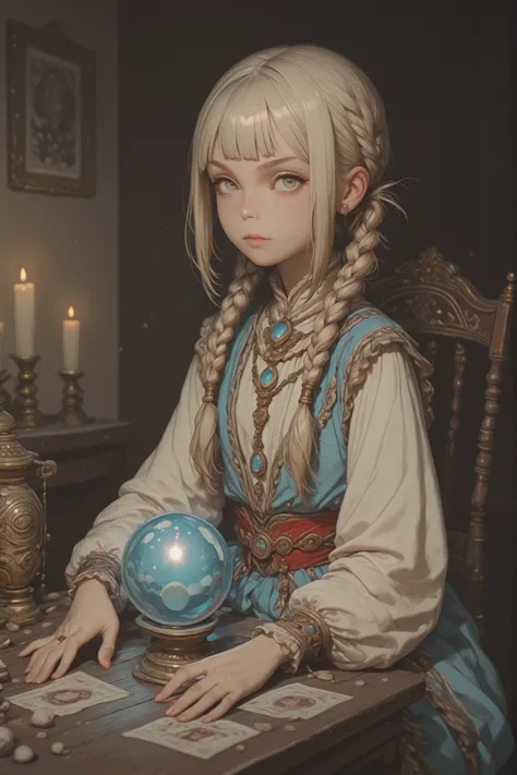 high image quality、real photos、masterpiece、best lighting、A beautiful female fortune teller who sits on a chair and looks into the crystal ball、She has a very friendly vibe、image、and she has a braided pigtails hairstyle with bangs cut all over her eyebrows、...