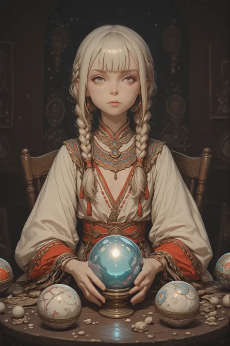 high image quality、real photos、masterpiece、best lighting、A beautiful female fortune teller who sits on a chair and looks into the crystal ball、There are lots of cheap candy placed around the crystal ball、She has a very friendly vibe、image、and she has a bra...