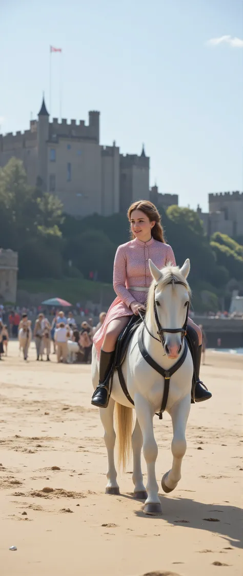 high-definition images、赤いドレスでPrincess Charlotte riding a white horse on a sandy beach along the coastline、A beautiful sandy beach with a view of England's white cliffs、The castle's cavalry guards behind