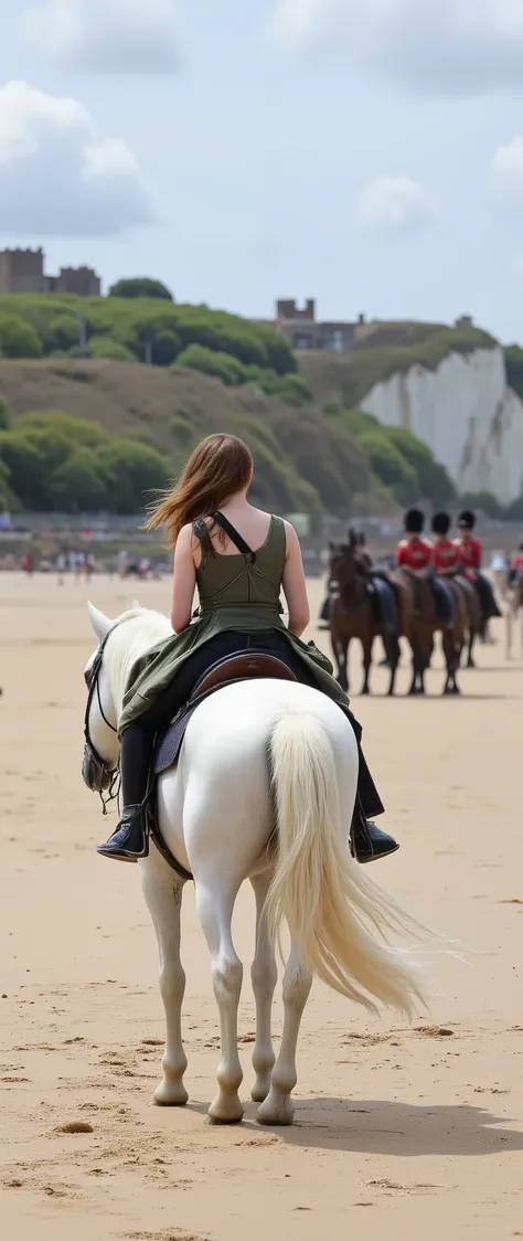 high-definition images、Princess Charlotte riding a white horse on a sandy beach along the coastline、A beautiful sandy beach with a view of England's white cliffs、The castle's cavalry guards behind
