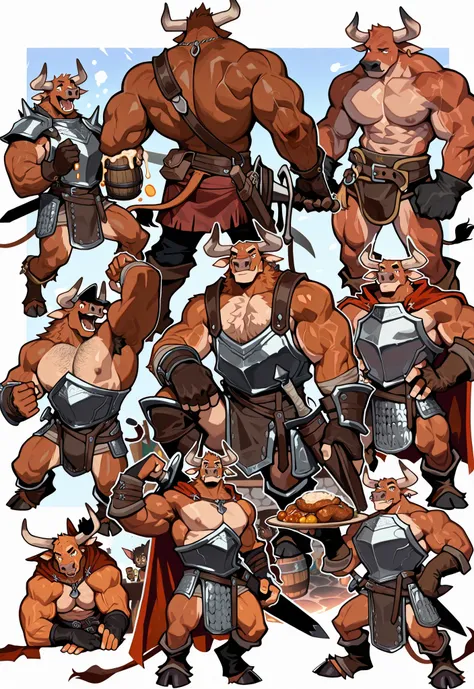 Experienced furry character reference sheet adoptable for adventure party of bulls, masterpiece , modern day alternate universe, tavern background, full body, multiple views , best quality , masterpiece , masculine , character sheet , dungeon & dragons , v...