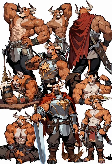Experienced furry character reference sheet adoptable for adventure party of bulls, masterpiece , modern day alternate universe, tavern background, full body, multiple views , best quality , masterpiece , masculine , character sheet , dungeon & dragons , v...