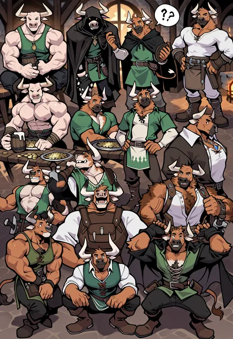 Experienced furry character reference sheet adoptable for adventure party of bulls, masterpiece , modern day alternate universe, tavern background, full body, multiple views , best quality , masterpiece , masculine , character sheet , dungeon & dragons , v...