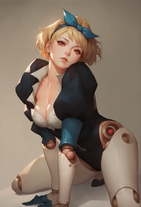 angela, 1girl, short hair, solo, bow, gloves, bangs, blue bow, blonde hair, joints, red eyes, hair bow, hairband, puffy sleeves,posing on a floor