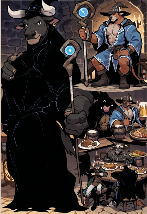 Experienced furry character reference sheet adoptable for adventure party of bulls, masterpiece , modern day alternate universe, tavern background, full body, multiple views , best quality , masterpiece , masculine , character sheet , dungeon & dragons , v...