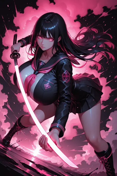 (((Masterpiece))), top Quality, dynamic composition, 1girl, hand on katana, unsheathing, school uniform, solo, black hair, looking at viewer, bangs,  fuchsia eyes, long hair, closed mouth, embers, black background, boots, dynamic pose, dutch angle,foreshor...